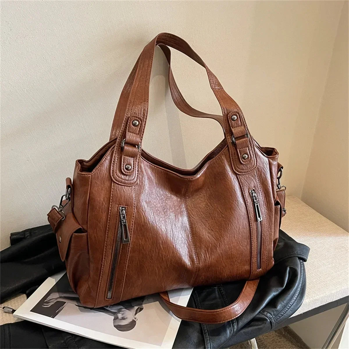 Soft Interior Compartment Shoulder Bag With Zipper Handbags in 3 colors