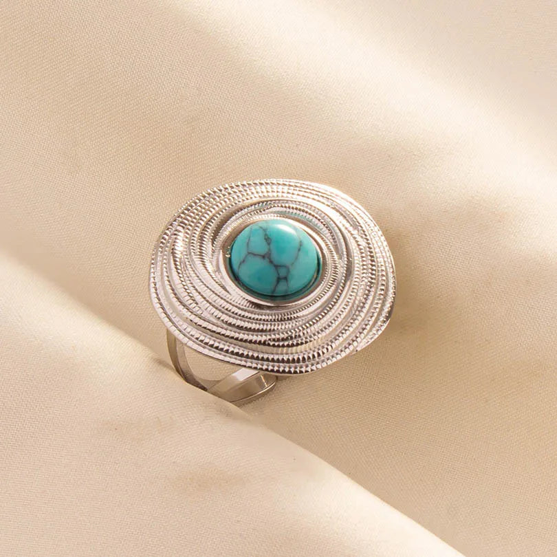 1pc Boho Turquoise Ring Stainless Steel Light Blue Gemstone Silver Adjustable Ring