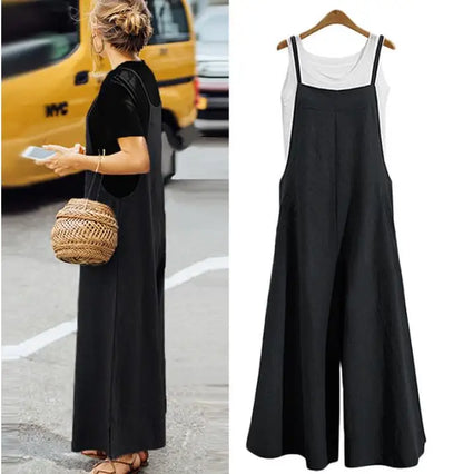 Spaghetti Strapped Jumpsuit to Sizes 5XL. Solid Color, Wide Leg Pants. Bibbed Overalls with Pockets. Casual, Loose, Cotton Linen