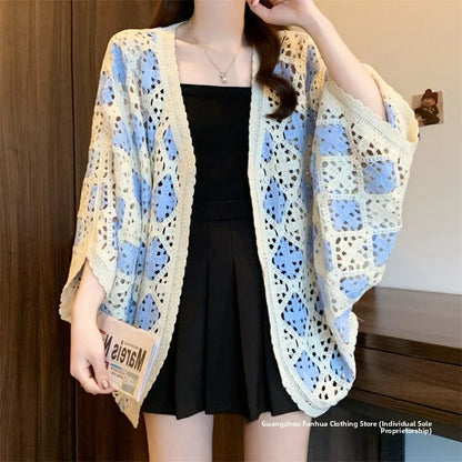 Bohemian Style Hollowed-out Long Sleeve Light Weight Sweater with V Neck and Batwing Sleeves