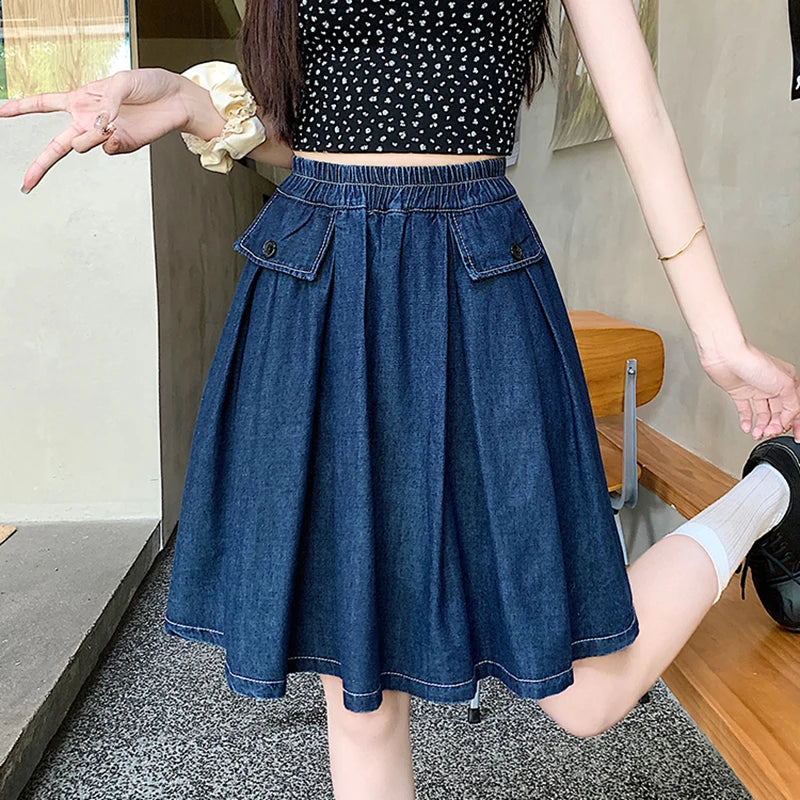 Sizes to 4XL, Casual, Loose A-line, Gathered Denim Skirt With Under-Shorts and Elastic Waist, Comfortable and Fashoinable