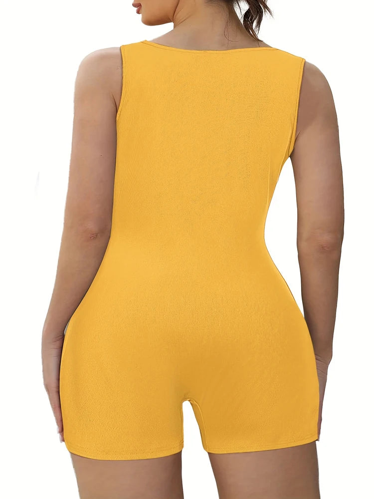 Plus Size Women's Square Neck Sleeveless Yoga Jumpsuit shorts Fitness Ribbed Knit Sportswear