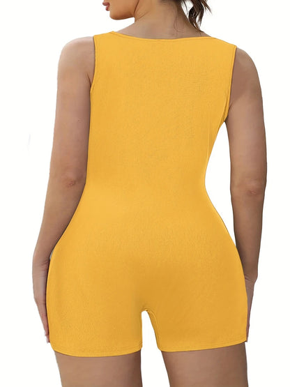 Plus Size Women's Square Neck Sleeveless Yoga Jumpsuit shorts Fitness Ribbed Knit Sportswear