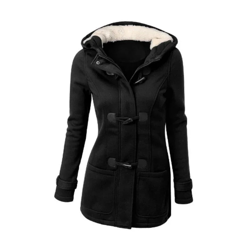 Hooded Women's Overcoat, Zipper Closure with Button Decorations and Pockets