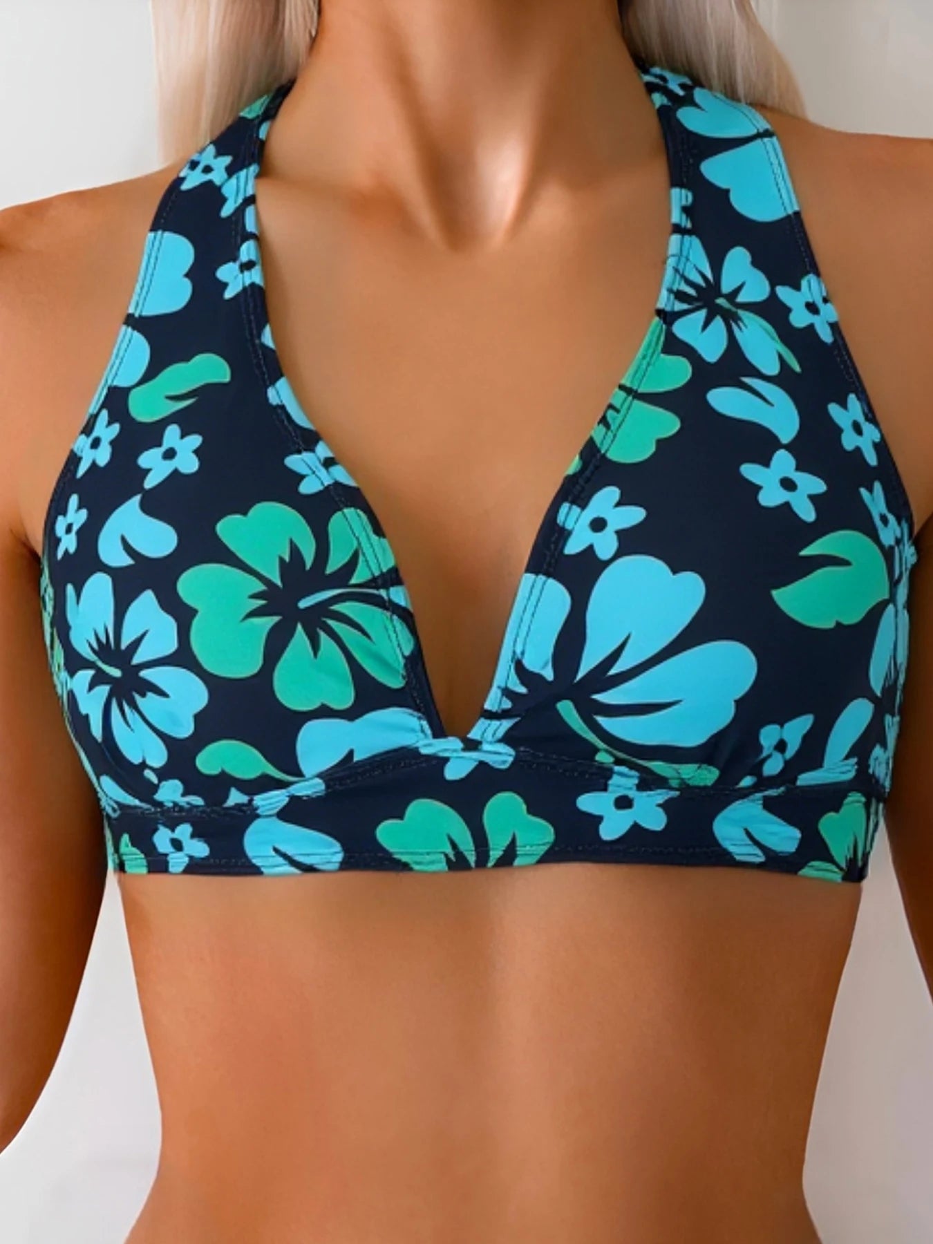 Vintage Turquoise Hibiscus Print Halter Bikini,