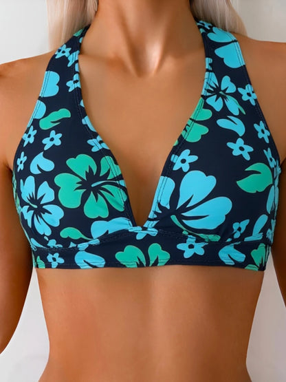 Vintage Turquoise Hibiscus Print Halter Bikini,