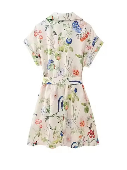Boho Floral Print Shirt Mini Dress With Belt and Button Down Front, Tie Waist