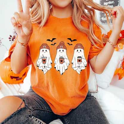 Cute Ghost Halloween T-Shirt, Short Sleeves. In Orange, Black, and White