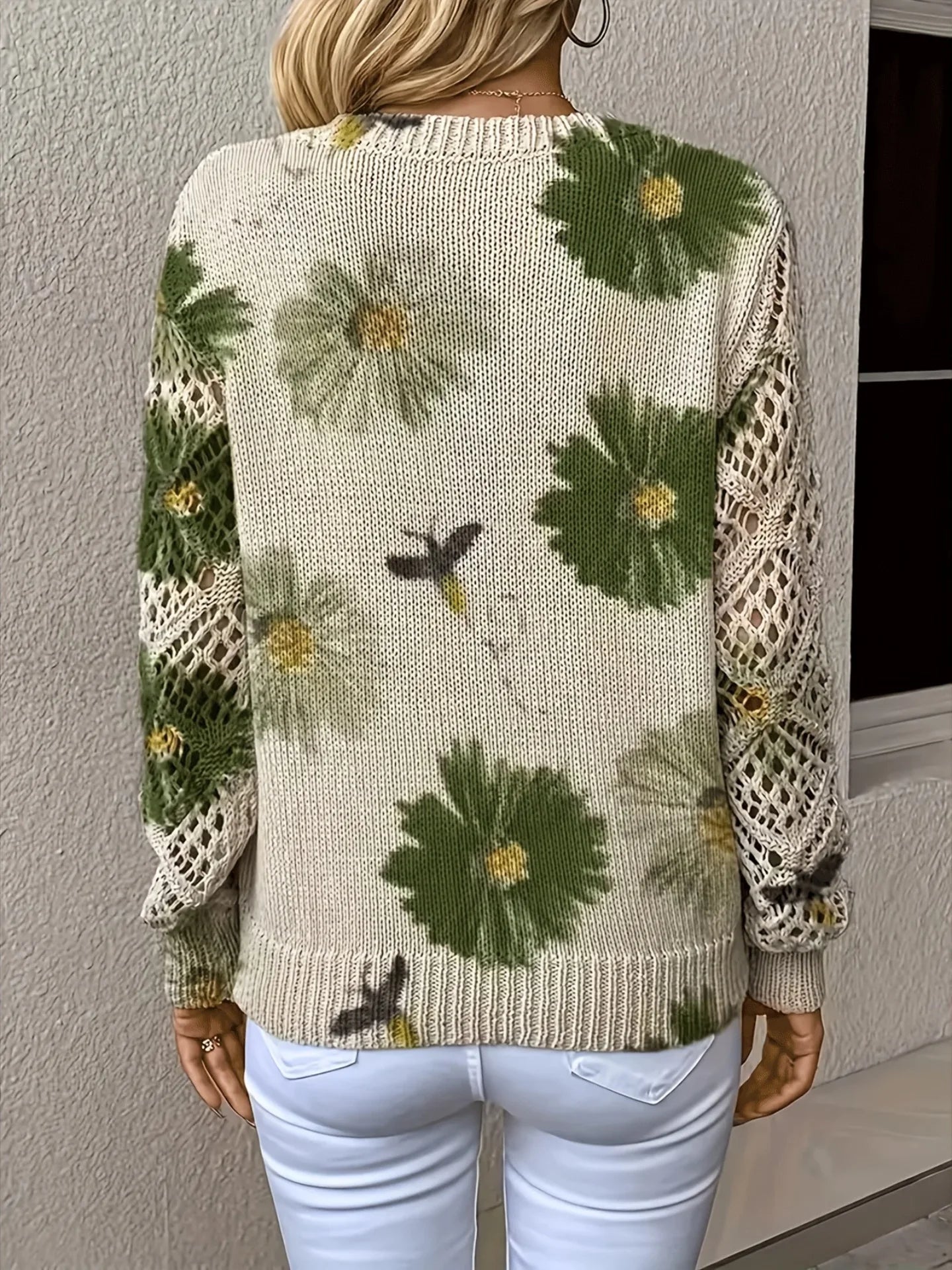 Boho Floral Print V Neck Crocheted Long Sleeved Sweater with Hollowed Out Knit Sleeves in 12 Different Designs