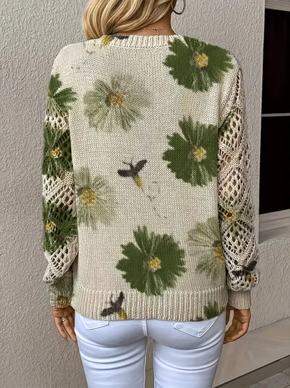 Boho Floral Print V Neck Crocheted Long Sleeved Sweater with Hollowed Out Knit Sleeves in 12 Different Designs