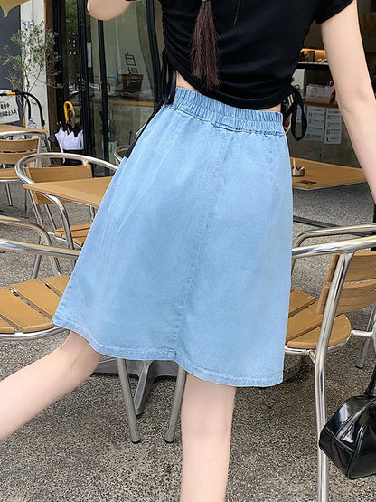 Sizes to 4XL, Casual, Loose A-line, Gathered Denim Skirt With Under-Shorts and Elastic Waist, Comfortable and Fashoinable