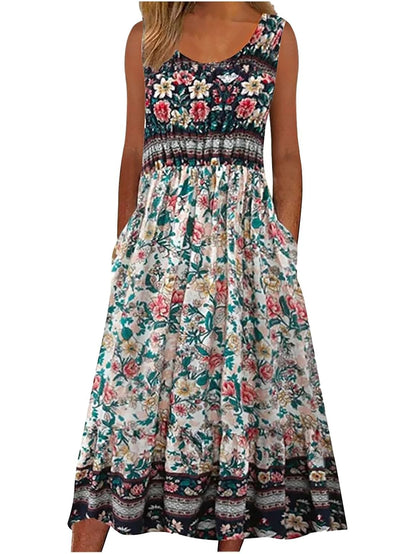 Sleeveless Boho floral casual  Midi length sundress with pockets and flowing loose Skirt. 7 Different patterns Up to 2XL