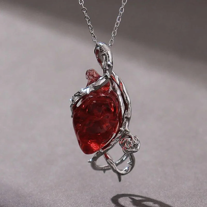 Halloween Gothic Red Crystal Flower Thorns Pendant Necklace Actual Human Heart Choker