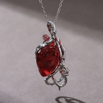 Halloween Gothic Red Crystal Flower Thorns Pendant Necklace Actual Human Heart Choker