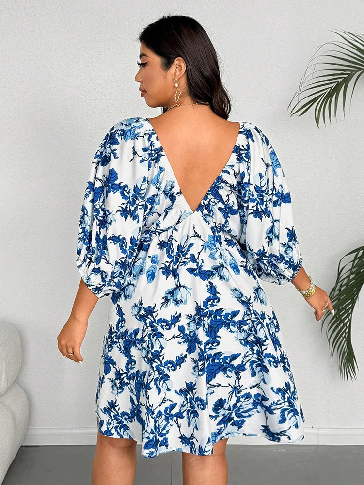 Sizes to 4XL  V-Neck Front and Back, Romantic Floral Print, Wear on or off the Shoulders, 3/4 Puff Sleeves