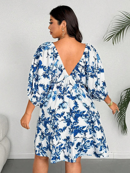 Sizes to 4XL  V-Neck Front and Back, Romantic Floral Print, Wear on or off the Shoulders, 3/4 Puff Sleeves