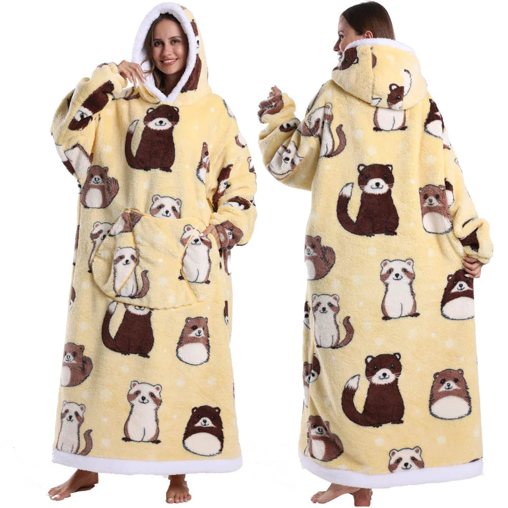 Super Long Flannel Pullover Night Shirt with Pocket and Hood, Super Snuggly for Men and Women, 12 Different Prints
