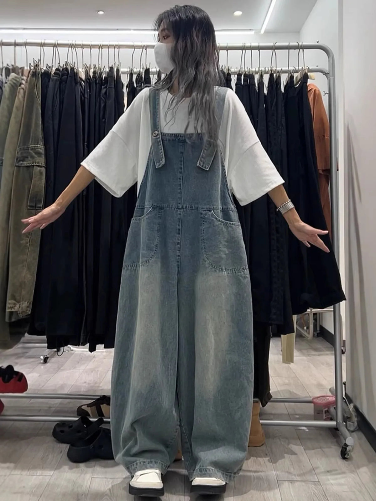 Retro Light Wash Denim Overalls for  Loose High Waist Baggy Leg Jumpsuit with Big Pockets