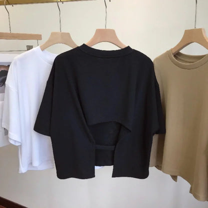 Backless T-Shirt Round Neck Loose Short-Sleeved Crop Tops