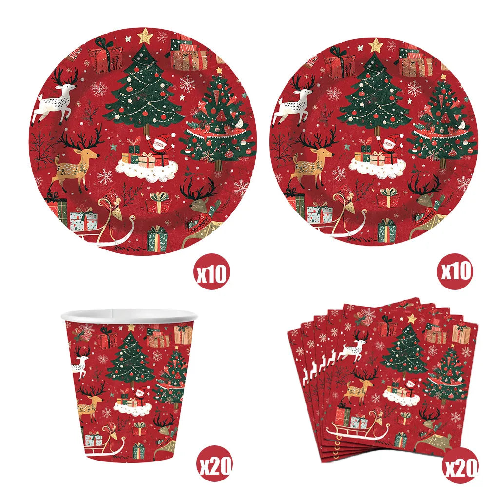 Christmas Reindeer and Trees Disposable Tableware Set, Plates, Cups, Straws, Napkins