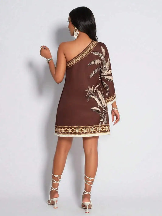 Sizes to 2XL Boho Casual Mini Dress One-Shoulder Tropical Prints with Tassel Hem. Variety of patterns