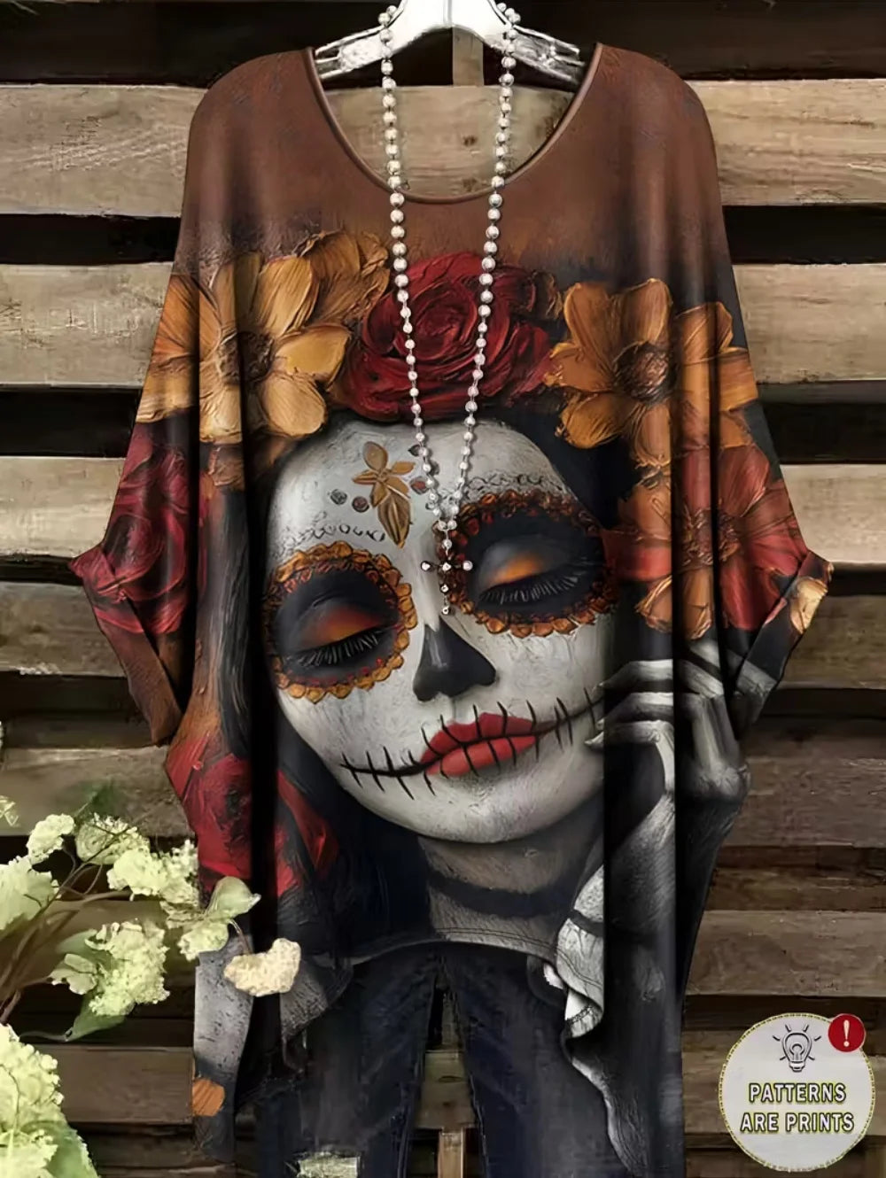 Sizes to 3XL Bohemian Skull Print Loose T-shirt Irregular Hemline O-Neck Short Sleeved Oversize Various designs