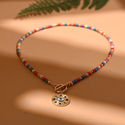 4mm Colorful Stone Choker Necklace Round Charm Pendant with interesting Clasp