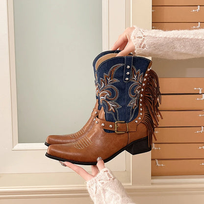 Vintage Western Cowboy Boots, Embroidered, Tassels, Studded, Block Heel, Versatile