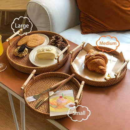 Handwoven Rattan Tray & Food Presentation Basket | Eco-Friendly Kitchen Organizer with Handles