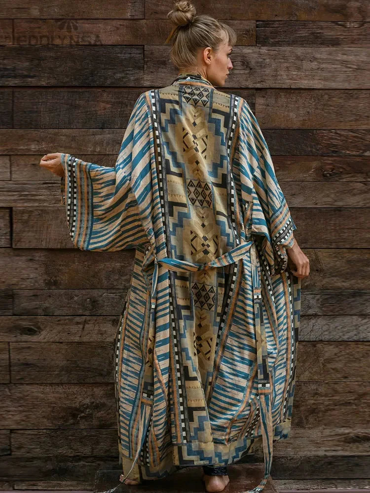 Bohemian Printed Cover-ups Elegant Belted Kimono Plus Size