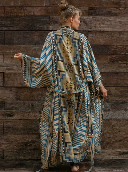 Bohemian Printed Cover-ups Elegant Belted Kimono Plus Size