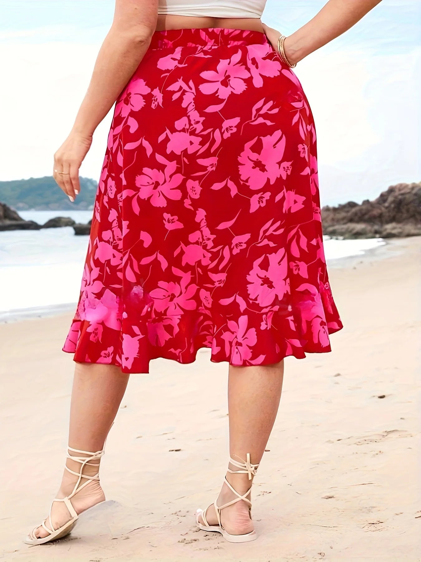 Sizes to 4XL.  Floral Print Ruffled Slit, Elastic High-Waisted Skirt