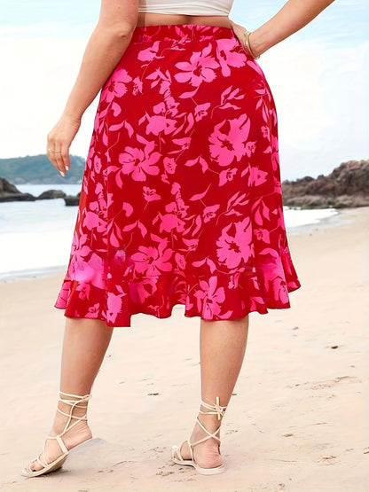 Sizes to 4XL.  Floral Print Ruffled Slit, Elastic High-Waisted Skirt