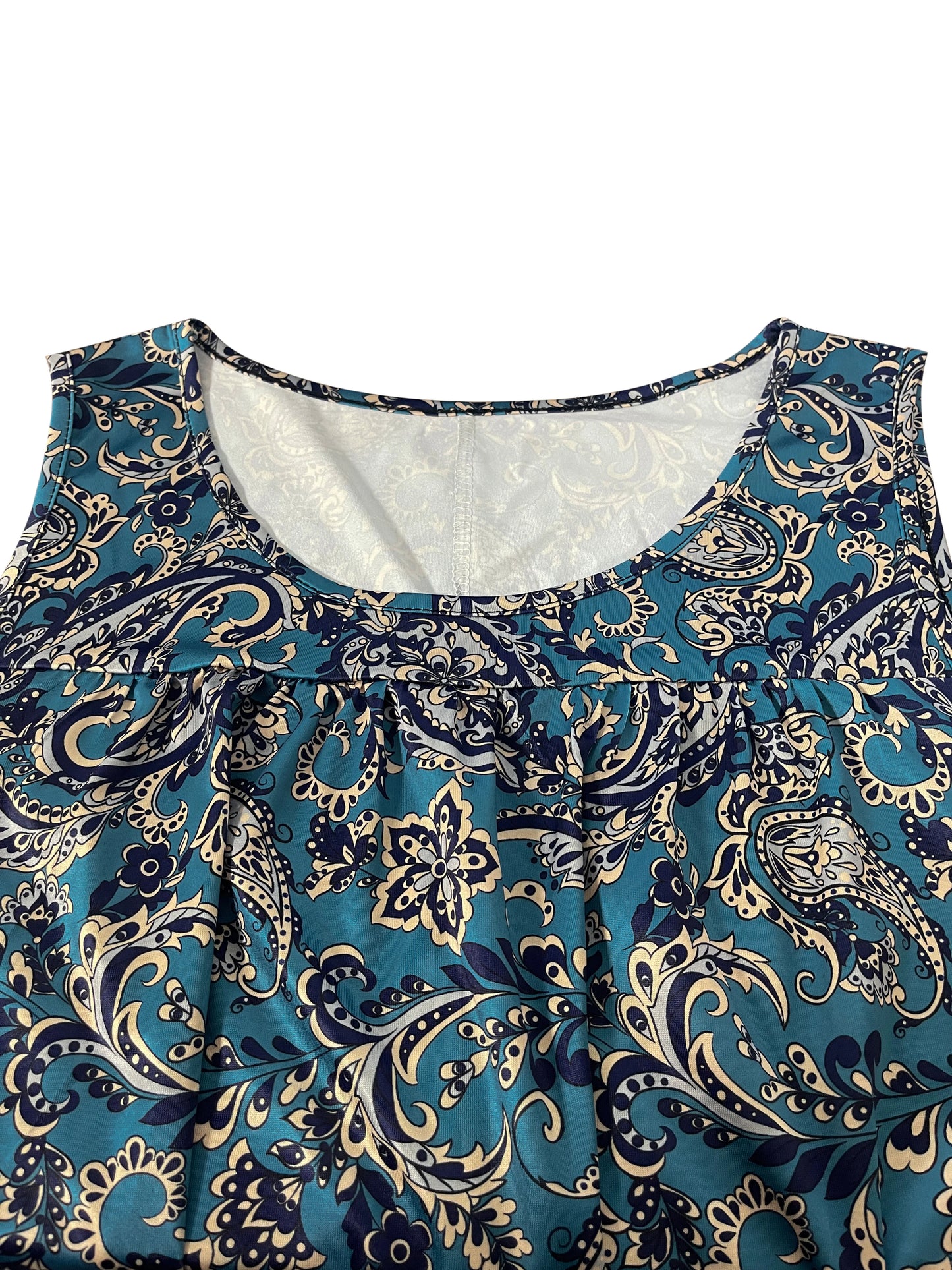 Sizes 1-5XL  Sleeveless Paisley Print Dress, Teal Blue Bohemian Style, Casual Daily Wear