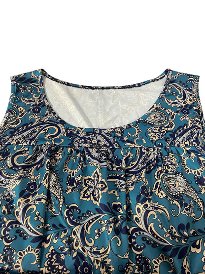 Sizes 1-5XL  Sleeveless Paisley Print Dress, Teal Blue Bohemian Style, Casual Daily Wear