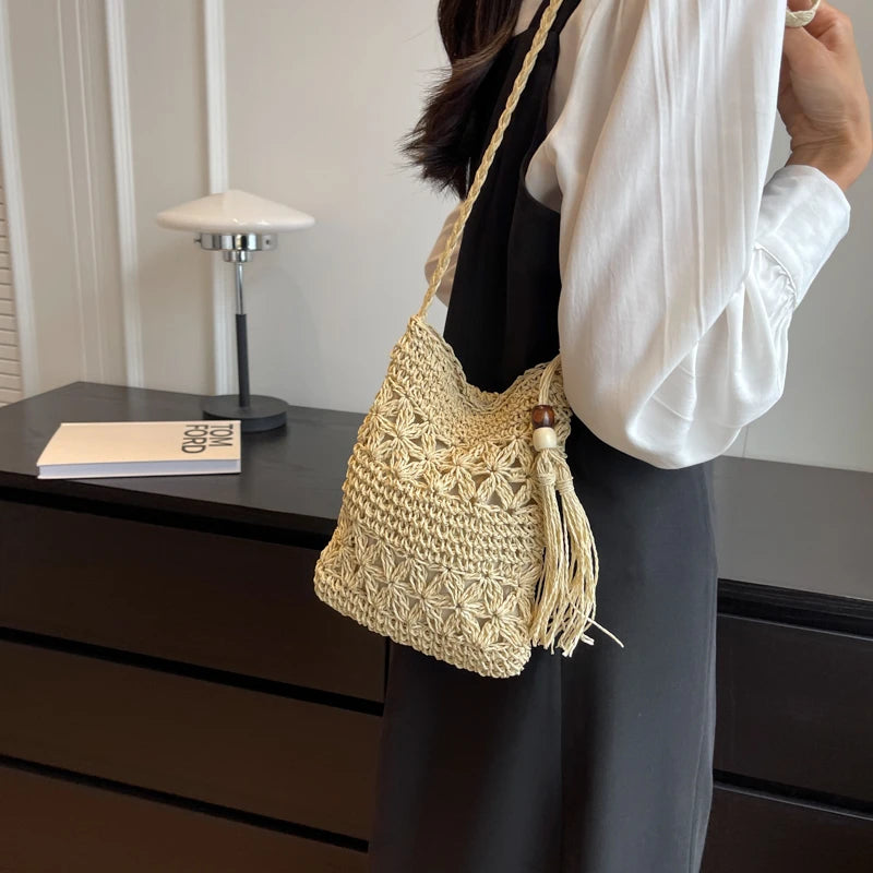 Boho Woven Straw Crossbody Shoulder Bag with Fringe