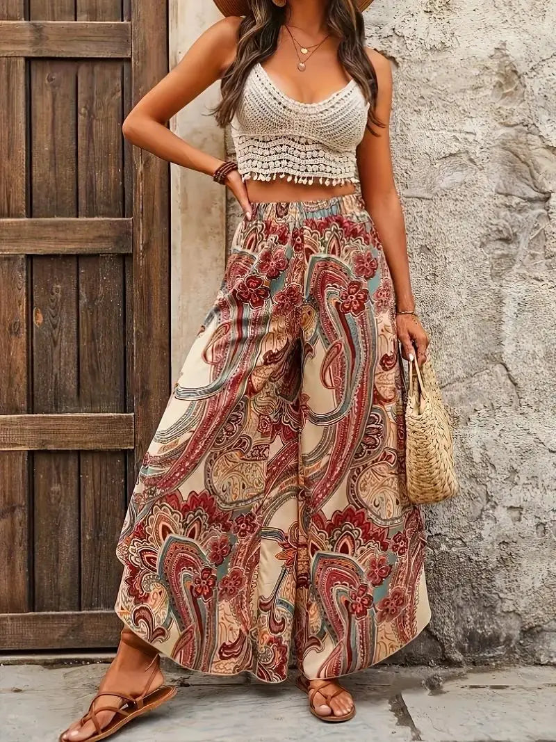 To sizes 4XL Boho Paisley Culottes, Elastic Waist, Extra  Wide Leg Trousers