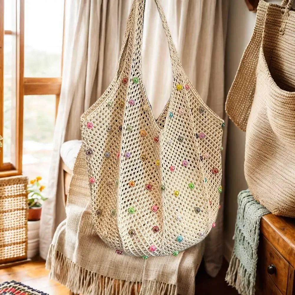 Boho Crochet Bag with Colored Beads Aesthetic Large Capacity Knitted Tote/Handbag Available in 4 Colors