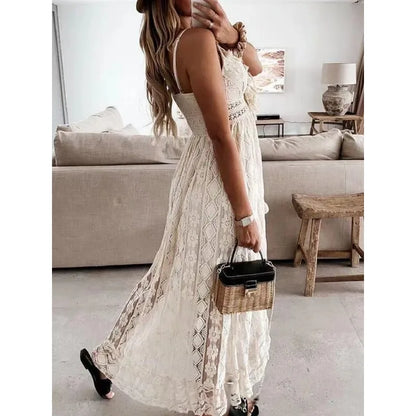 Bohemian Summer Casual V Neck Lace Spaghetti Strap Sundress with High/Low Hem