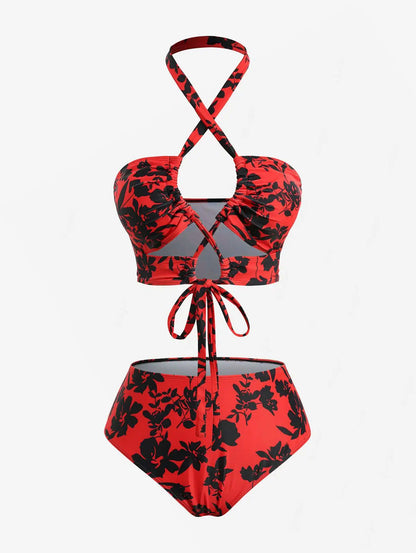 Sizes to 4XL, Red & Black Floral Tankini, 3-Piece with Skirt, Halter Neck, High Waist, Removable Padding, High Stretch Fabric
