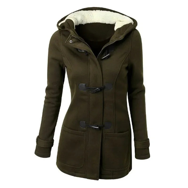 Hooded Women's Overcoat, Zipper Closure with Button Decorations and Pockets