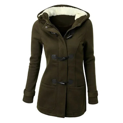 Hooded Women's Overcoat, Zipper Closure with Button Decorations and Pockets