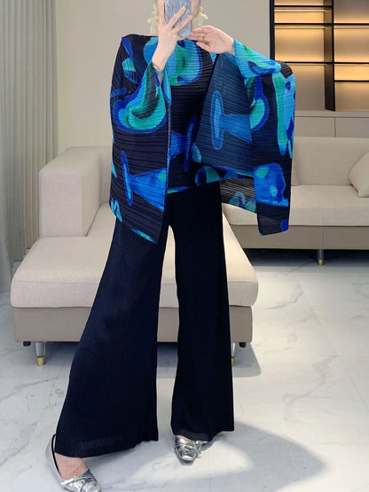 Pleated Striped Shawl, Fashionable Striped, Casual Outerwear, Versatile, Bat Sleeve Cape