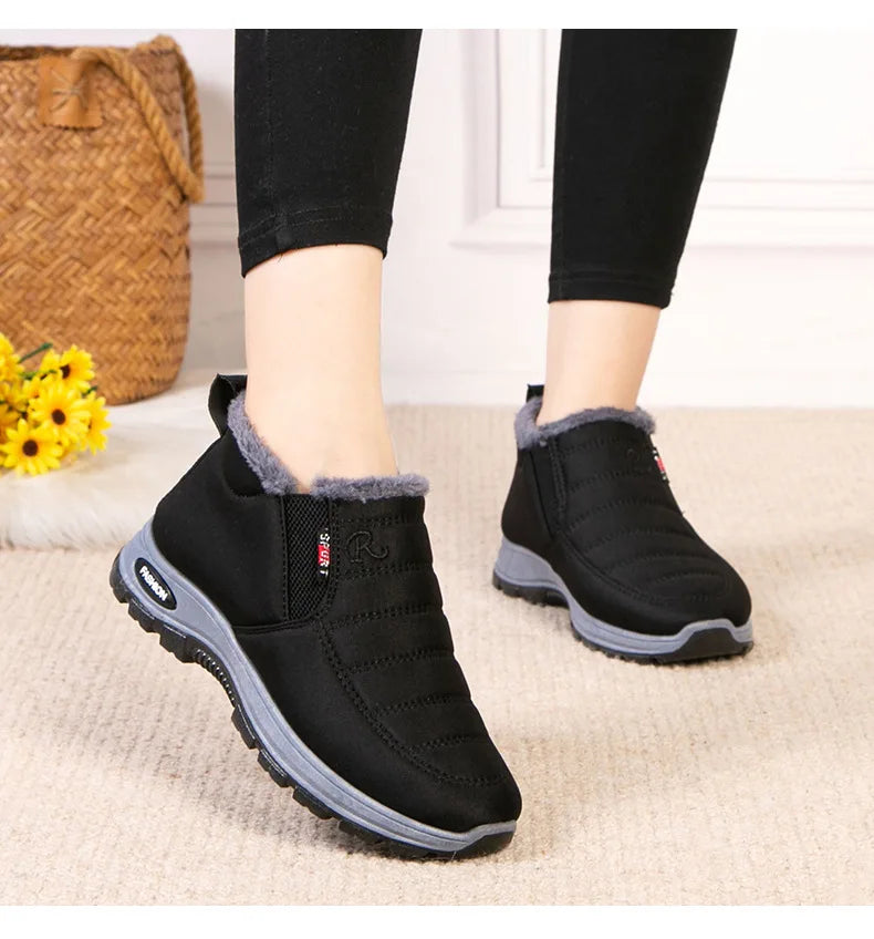Waterproof Plush, Warm Ankle Snow Boots in Red, Black, Blue, Green, and Tan.