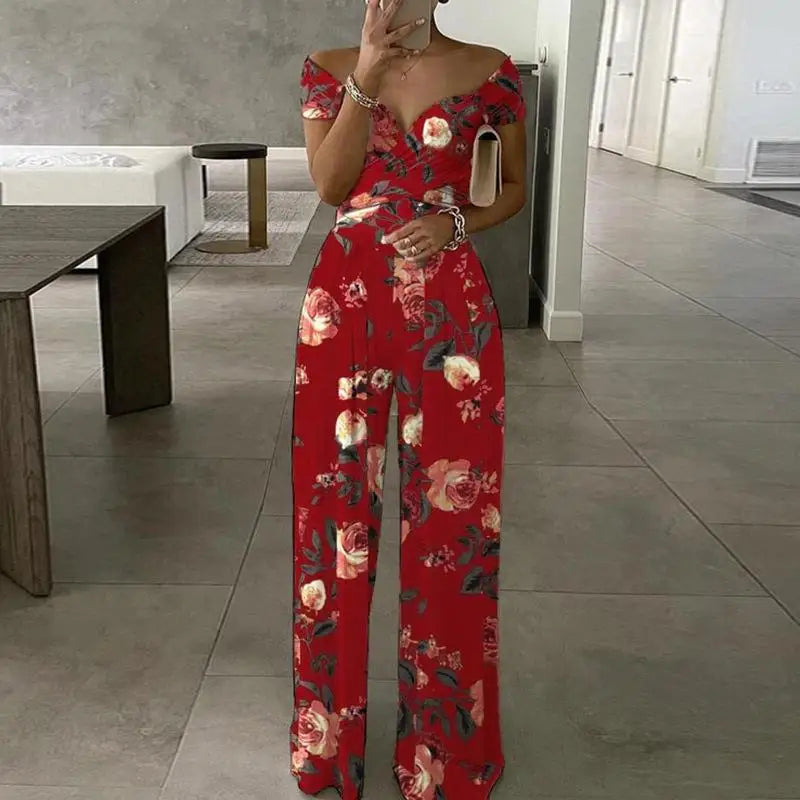 Sizes to 3XL Off the Shoulder Short Sleeve V Neck High-waisted Jumpsuit Sizes to 3XL Various patterns