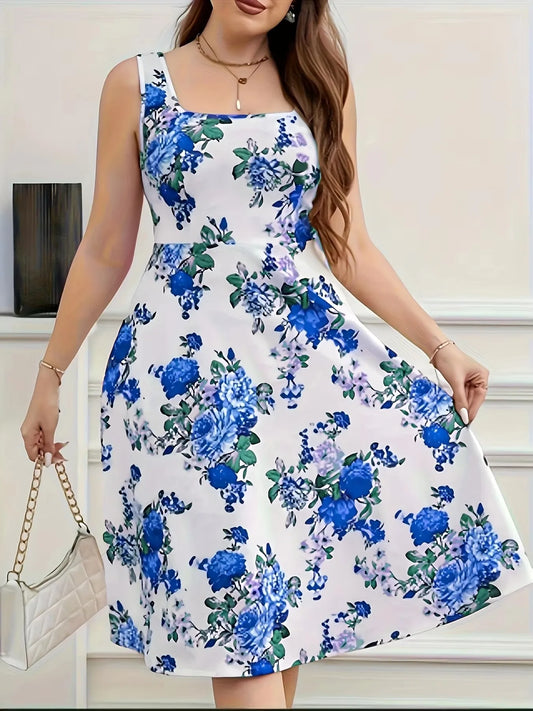 Boho Sizes to 6XL,  Floral Print, Square Neck, Sleeveless, Flared Skirt, Stretchy Fabric, Machine Washable,