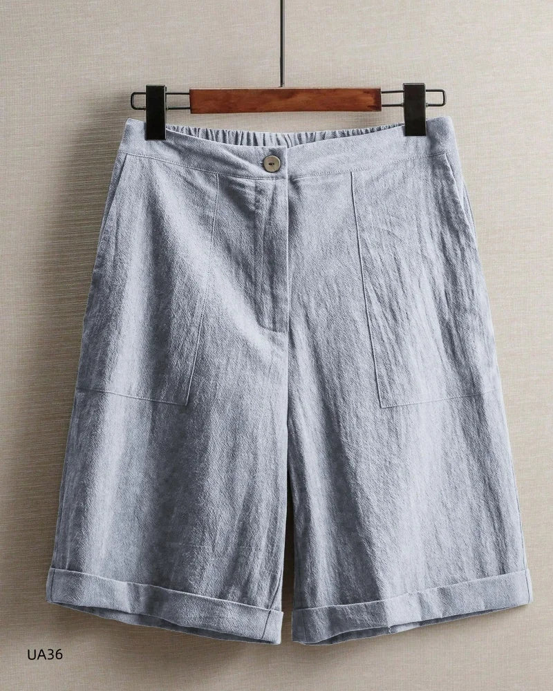 Casual Cotton Linen Knee-Length Shorts, Elastic Waist, Bermuda Shorts with Pockets, in 5 Colors