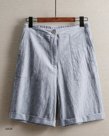 Casual Cotton Linen Knee-Length Shorts, Elastic Waist, Bermuda Shorts with Pockets, in 5 Colors