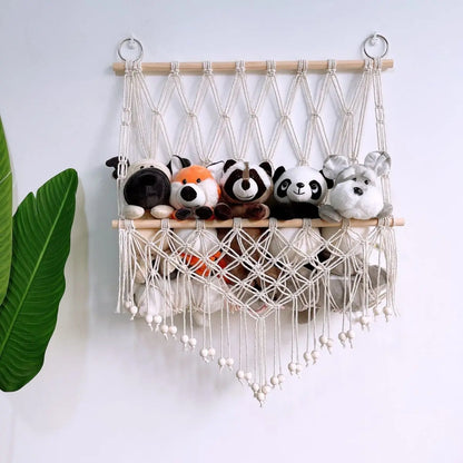 Boho Hand-woven Storage Hammock Rack Ideal for Children's Room Plush Toy Storage Display Shelf Home Decor Organizer Mesh Wall Art Tapestry