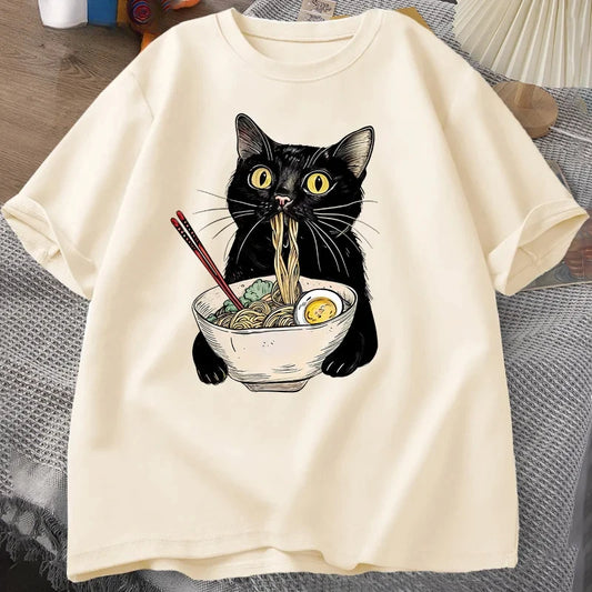 Sizes to 3XL T Shirts Black Cat Ramen Noodle T-Shirts Retro Casual Short Sleeve